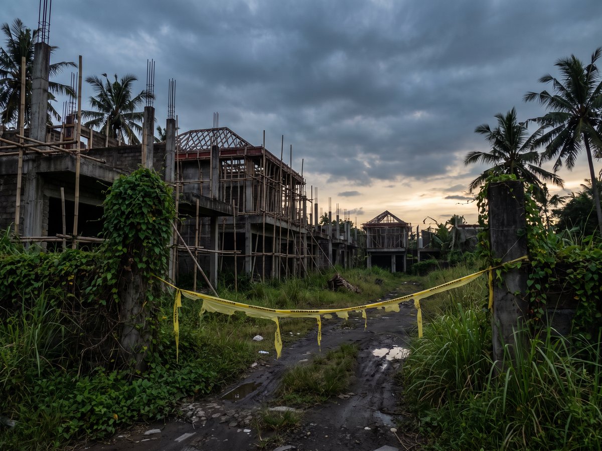 Illustrative photograph of a halted tropical resort construction site with unfinished concrete structures and warning tape, representing the stopped Hotel K construction.