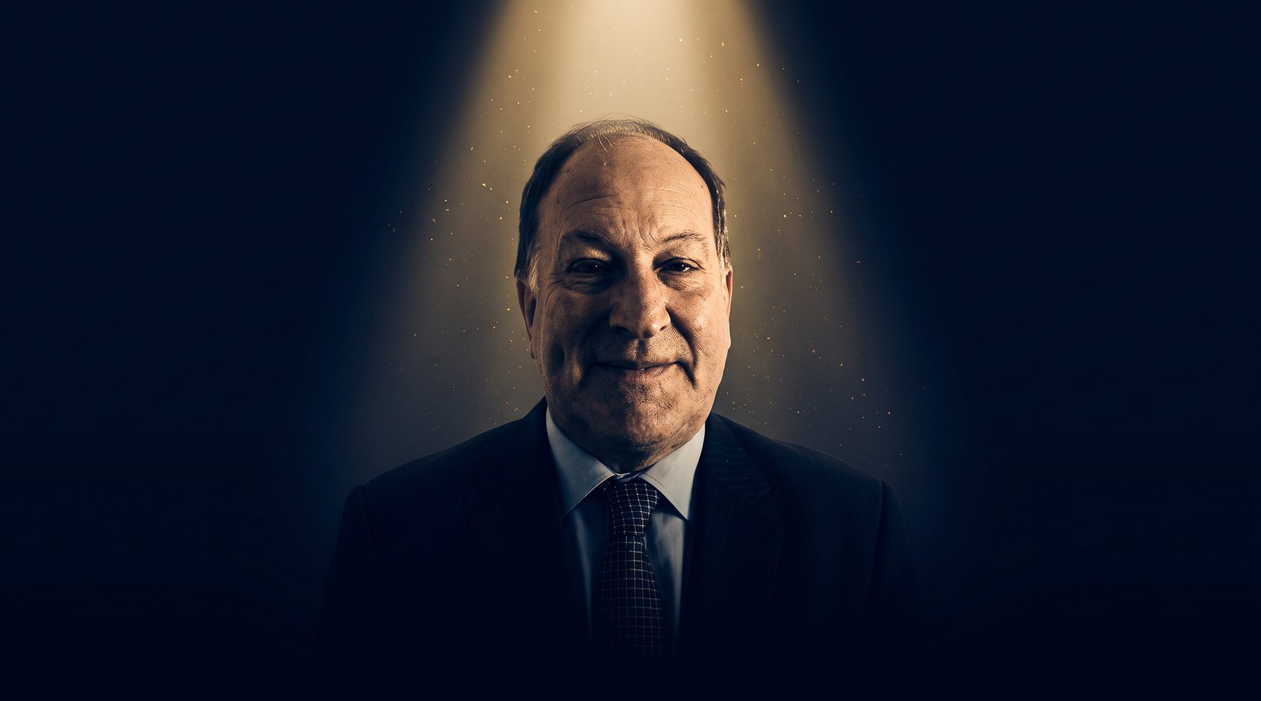 Editorial portrait study of Warren Stokes lit from above by a single spotlight against a dark background, styled as an investigative-journalism illustration.